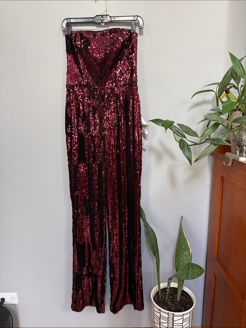 Dress the Population Burgundy Strapless Sequin Jumpsuit